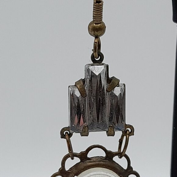 Art Deco Vauxhall Glass Reverse Carved Earrings , 3 1/2 In - Picture 5 of 12